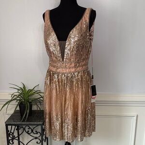 NWT Coya Pink Hand Beaded Sequin Glitter Open Back Short Princes Gown Dress L